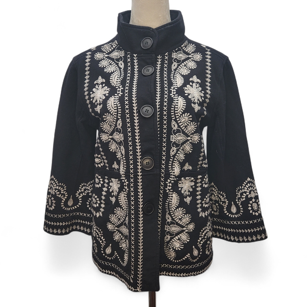Johnny Was Jwla Black With White Embroidered Everly Pea Coat Jacket Sz M Pockets